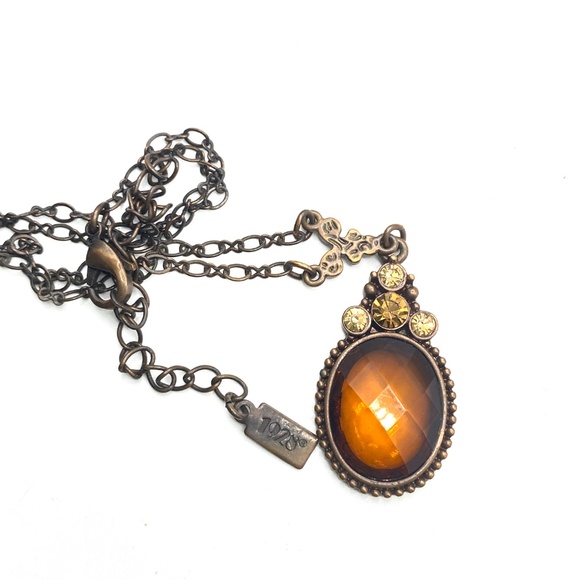 1928 Amber Faceted Colored Glass Cabachon Drop Necklace Antiqued Copper Tone - Picture 5 of 6